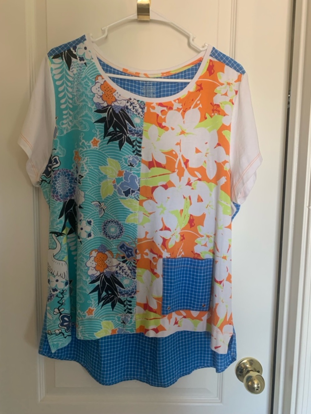 Patchwork Floral Short Sleeve Tee in Blue, Orange & White